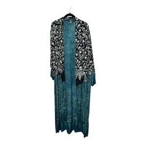 Black and Teal Patterned Long Kimono